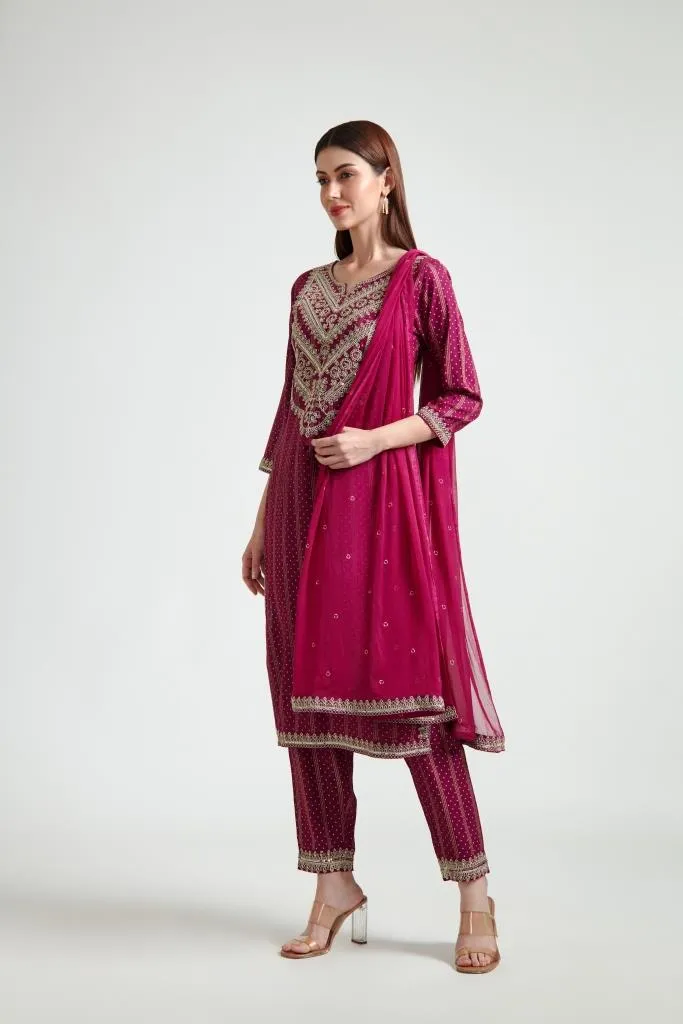 Neerus Women Maroon Printed Silk Georgette Kurta with Trouser and Dupatta