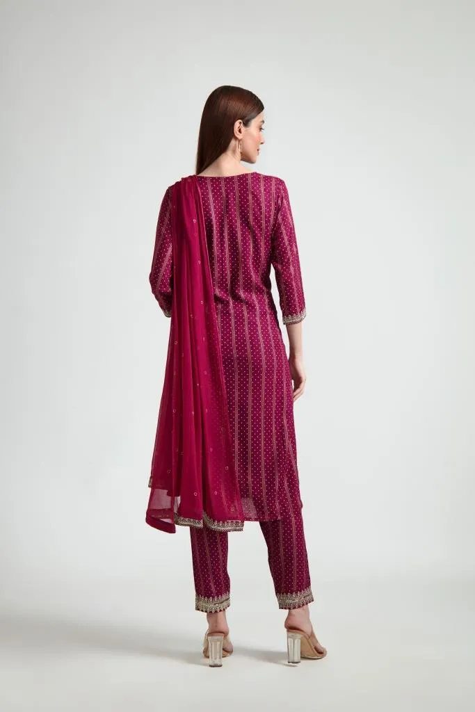 Neerus Women Maroon Printed Silk Georgette Kurta with Trouser and Dupatta