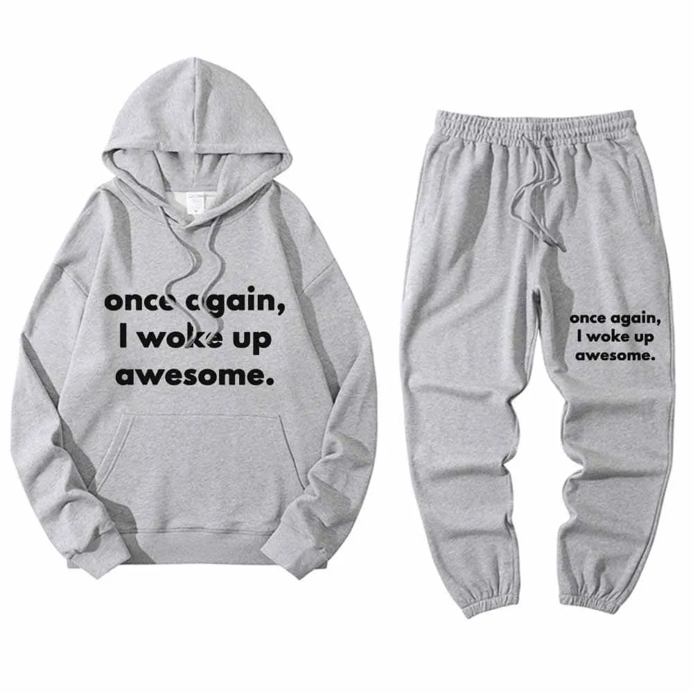 Once Again I Woke Up Awesome Letters Hoodie Pants Set