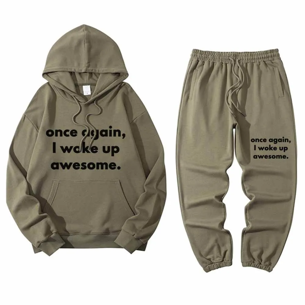 Once Again I Woke Up Awesome Letters Hoodie Pants Set