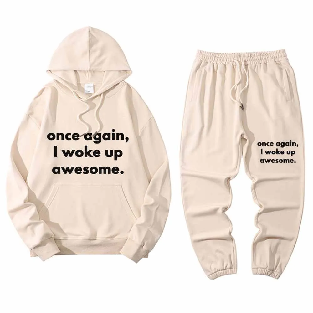 Once Again I Woke Up Awesome Letters Hoodie Pants Set