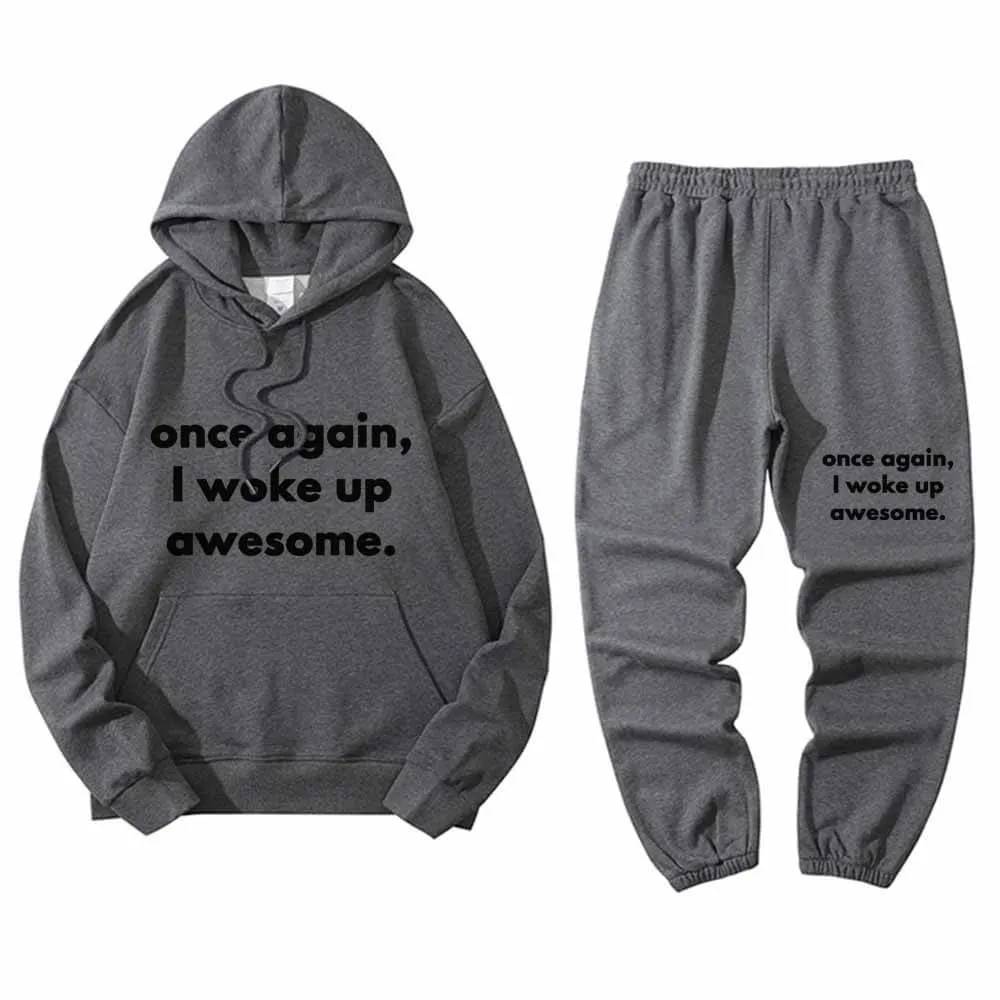 Once Again I Woke Up Awesome Letters Hoodie Pants Set