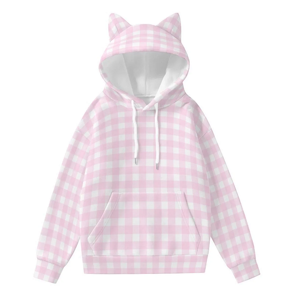 Pink Gingham Sweater, Cat Ear Sweater, Pink Hoodie Women, Pink Gingham Hoodie Sweater,Women's Pink Gingham Sweater,Pink Retro Hoodie Sweater