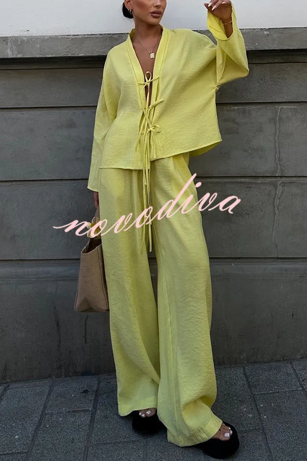 Stylish Loose Tie Shirt and Elastic Waist Wide-leg Pants Set