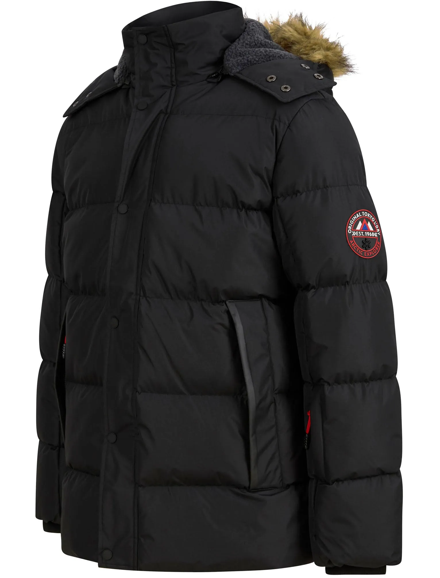 Teslin Quilted Jacket with Borg Lined Detachable Hood in Jet Black - Tokyo Laundry Active Tech