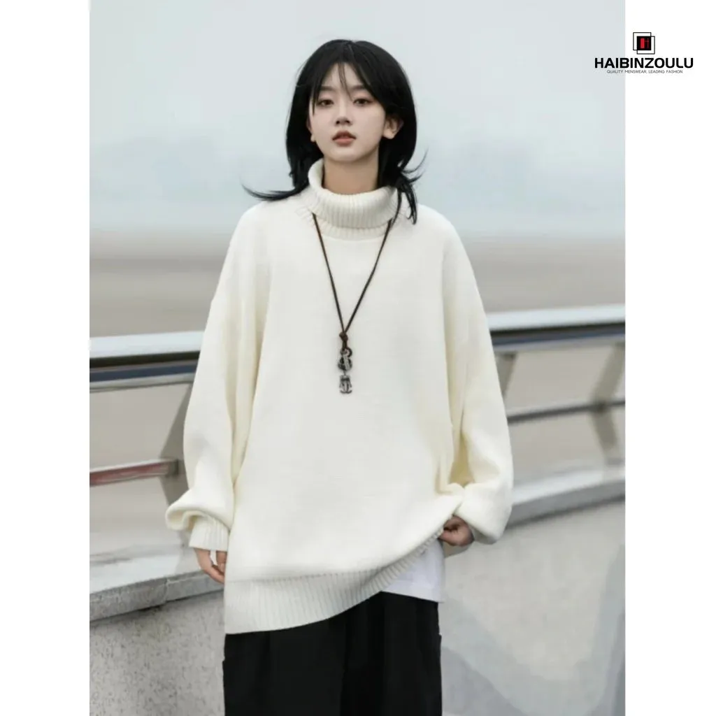 Unisex White Black Turtlenecks Knit Sweaters Bottoming Japanese Retro Gender-free Sweaters