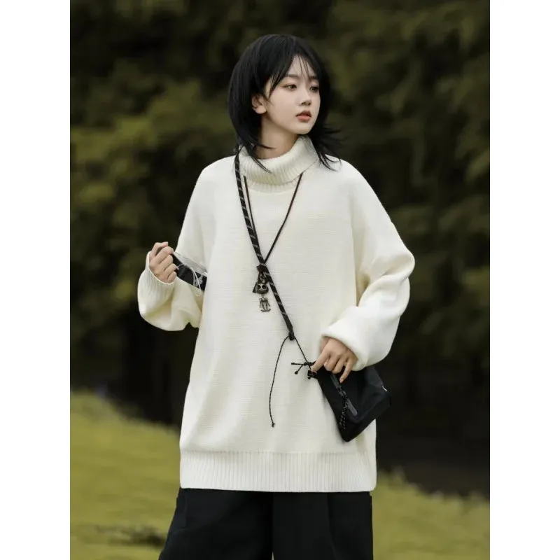 Unisex White Black Turtlenecks Knit Sweaters Bottoming Japanese Retro Gender-free Sweaters