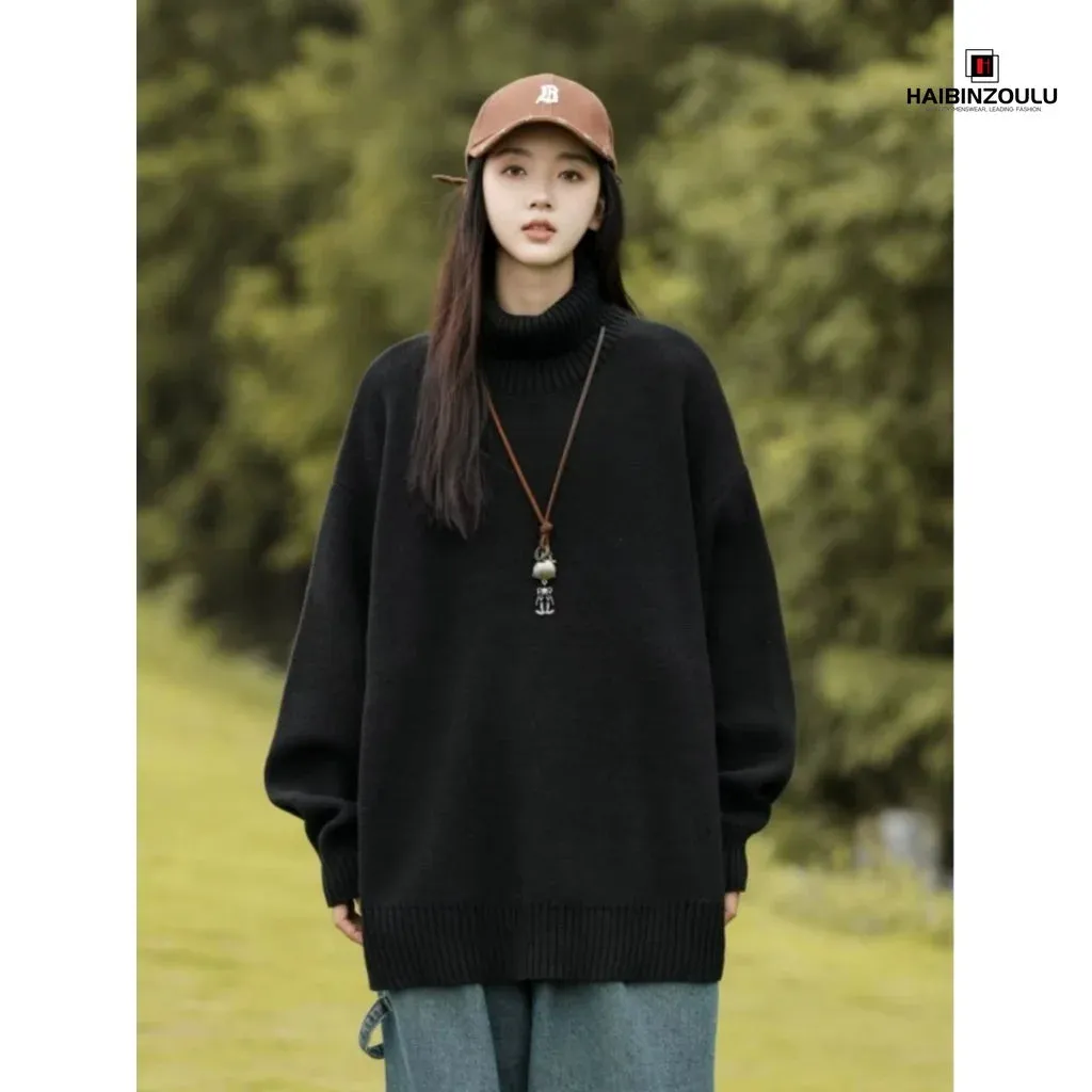 Unisex White Black Turtlenecks Knit Sweaters Bottoming Japanese Retro Gender-free Sweaters