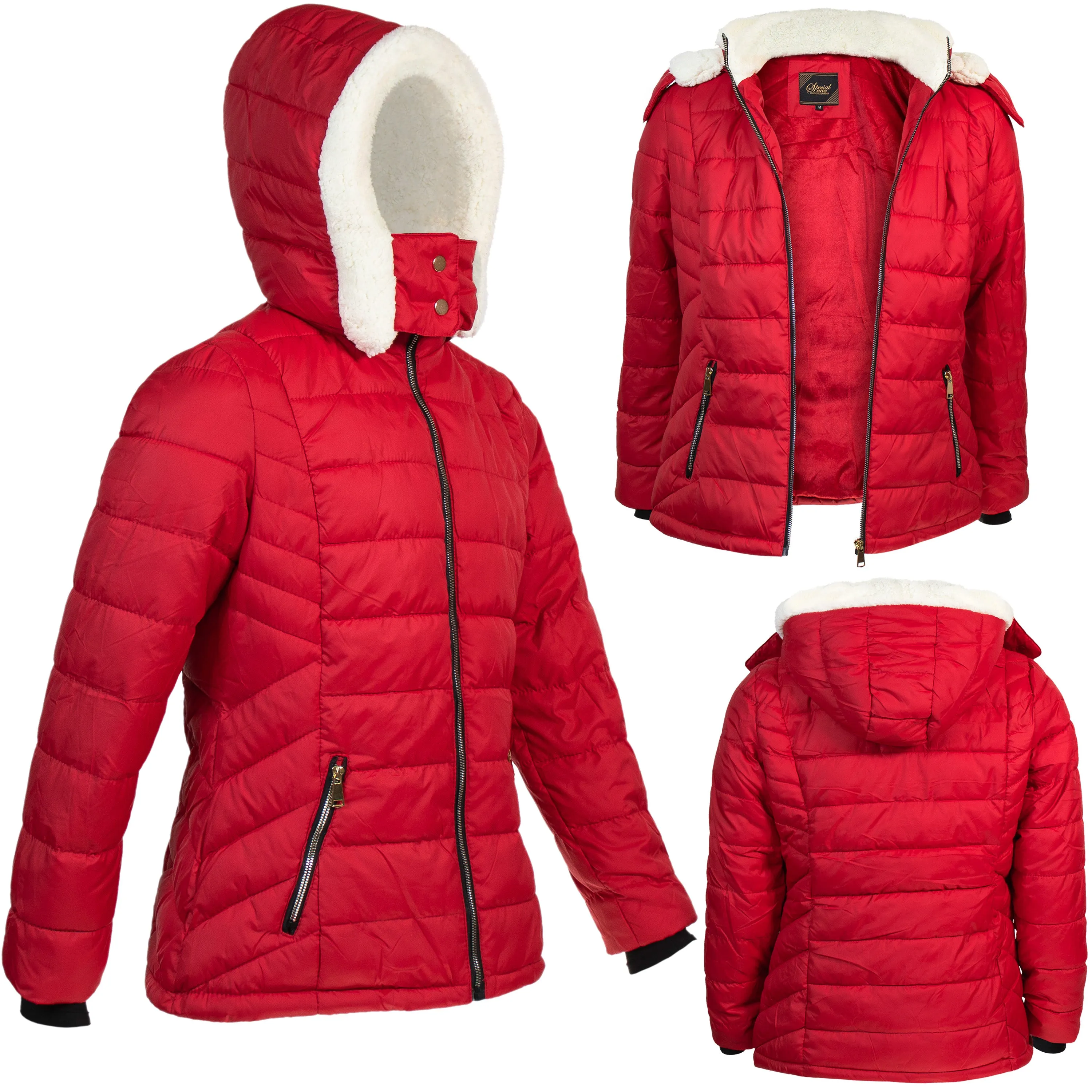 Women's Warm Wholesale Puffer Coats in Red in Assorted Sizes - Bulk Case of 12 Winter Jackets